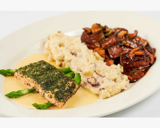 Steak Diane and Herb Crusted Salmon